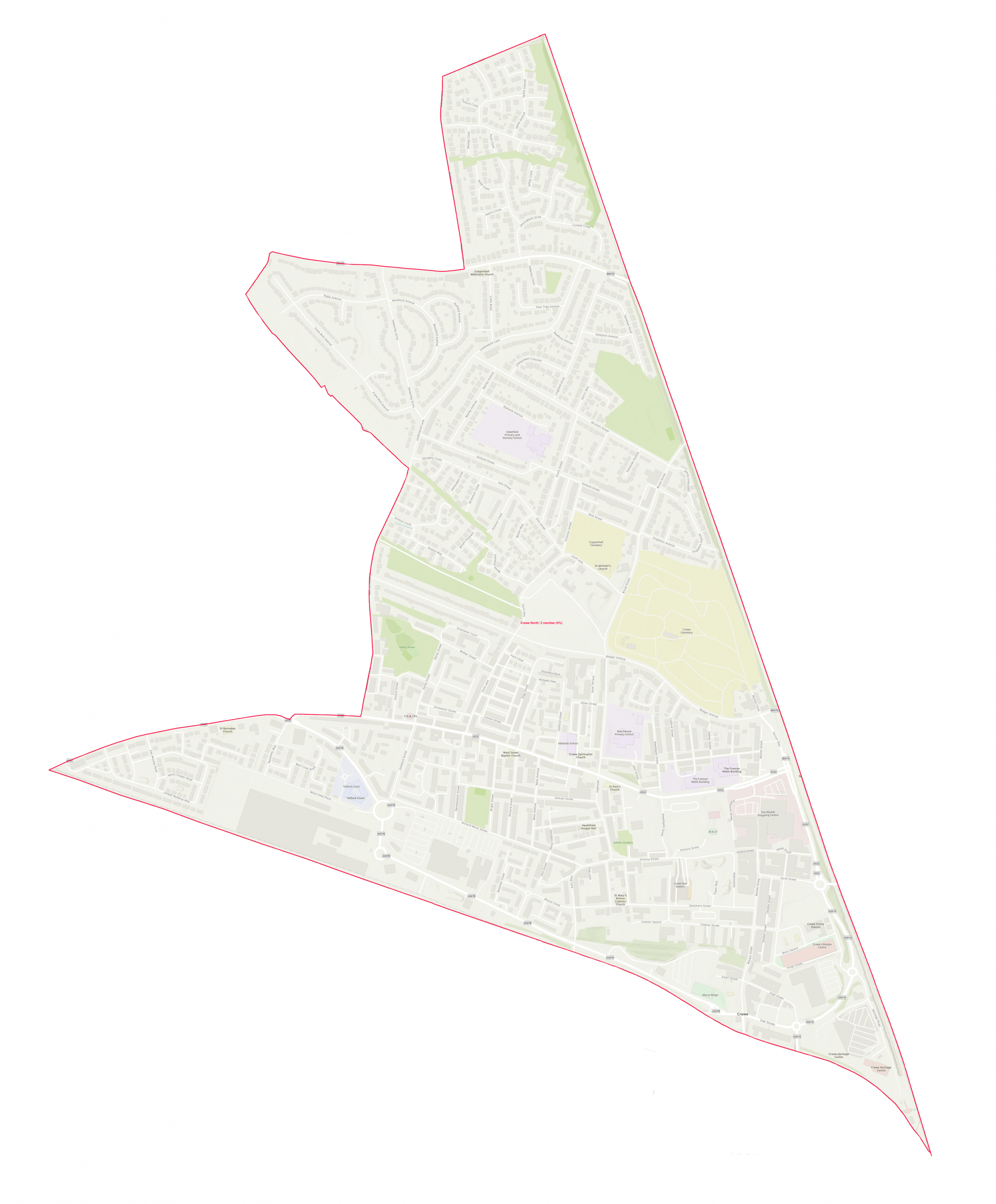 Map of Crewe North Ward boundary, Cheshire East